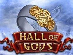 The logo for the Greek god themed slot game, Hall of Gods.