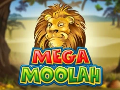 The logo for the safari themed slot game, Mega Moolah, featuring a smirking, cartoon lion.