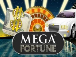 The logo for the luxury themed slot game, Mega Fortune featuring Hollywood hill lights, an expensive white car and a money clip money of dollars. 