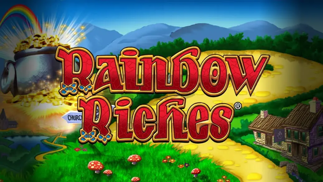 The logo for the luck of the Irish themed slot game, Rainbow Riches, complete with a rainbow and a pot of gold. 