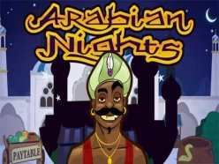 The logo for the Arabian themed slot game Arabian Nights, featuring an Aladdin-esque palace and market and genie-type character enticing you in